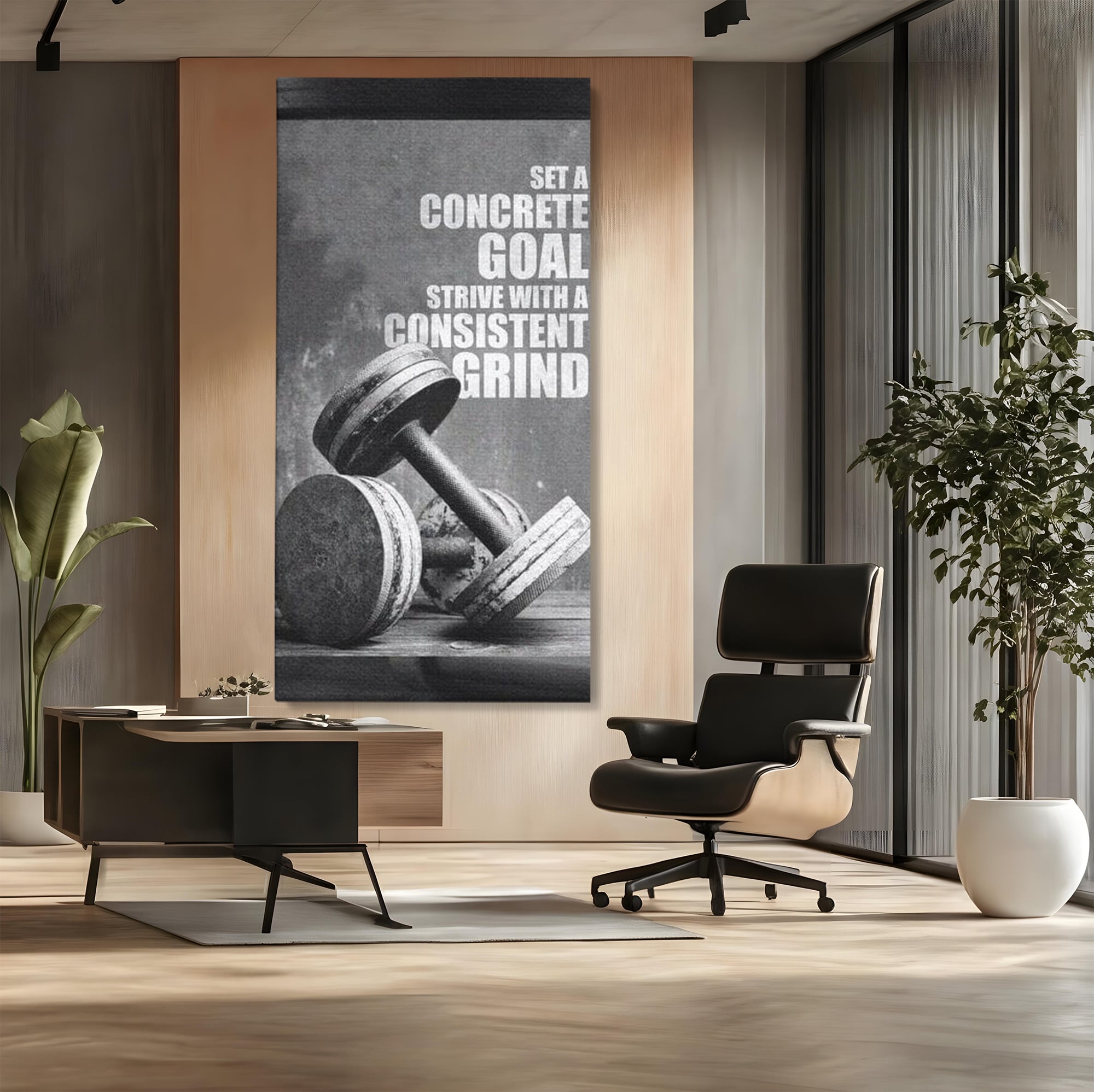 Tablou canvas cu tablou motivational cu gantere si text, fara rama, pe sasiu de lemn, pe perete intr-un birou
